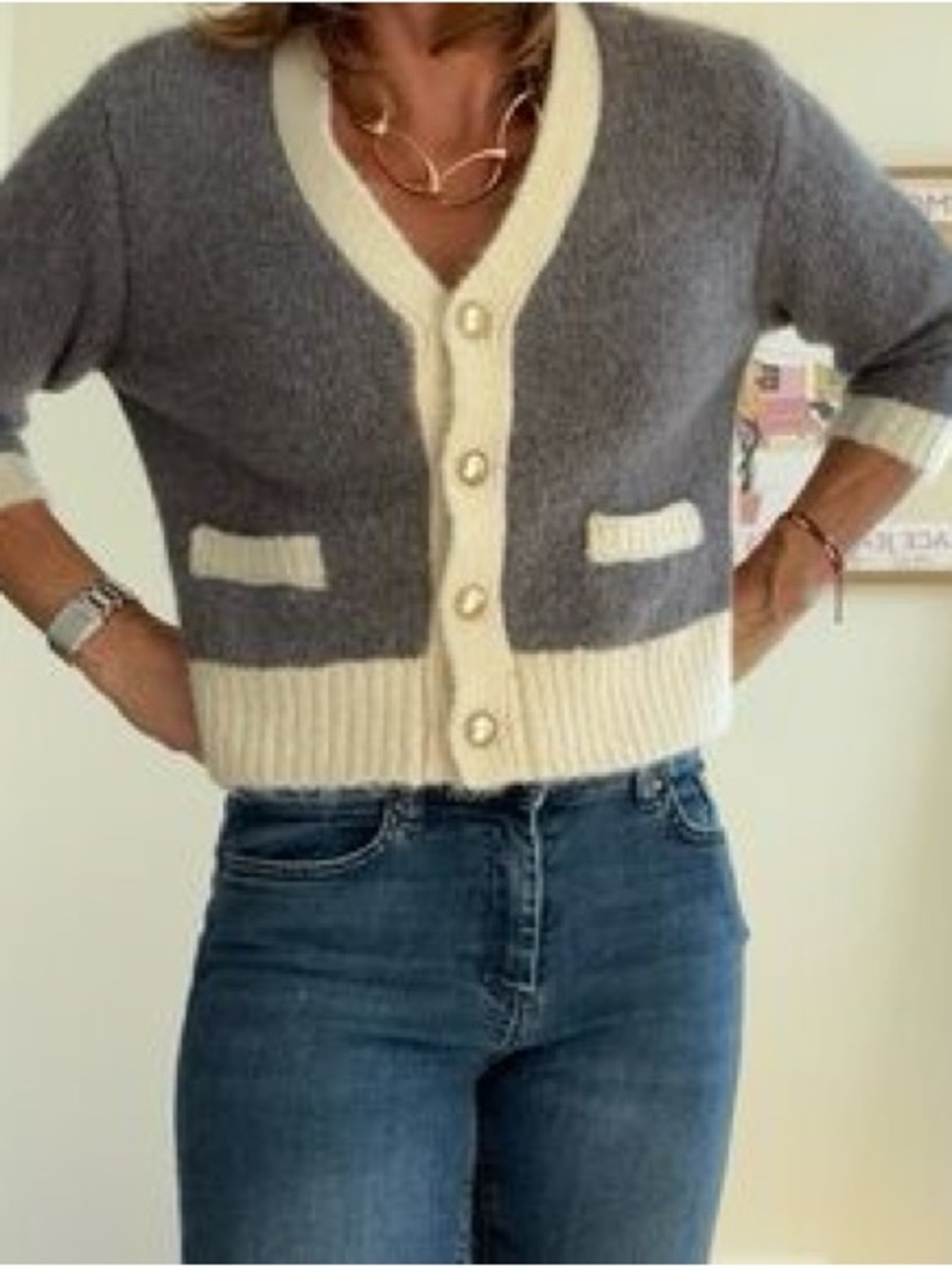 Zara Gray & Cream Cropped Button-Front Cardigan